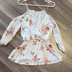 Bluebell Collection Floral Cold Shoulder Blouse - White and Pink